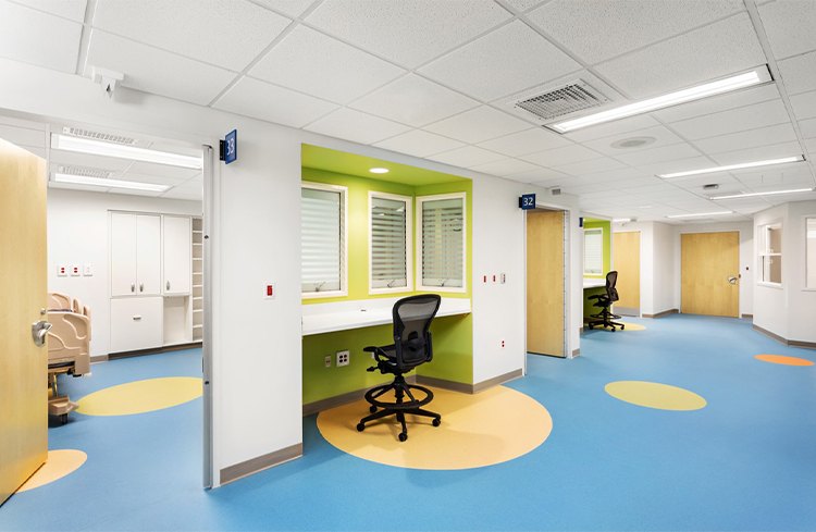 A child-friendly, colorful hospital reception area