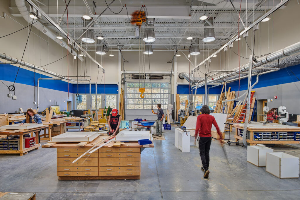 A photo of the carpentry lab at Morse High School and Bath Regional Technical and Career Center