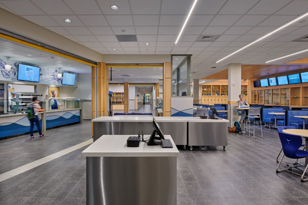 A photo of Morse High School cafeteria with Maine vernacular design at Morse High School