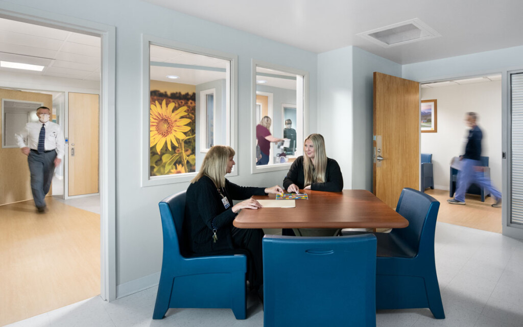 Seating area leading out into two corridors at Rutland Regional Medical Center's Adult Psychiatric inpatient unit