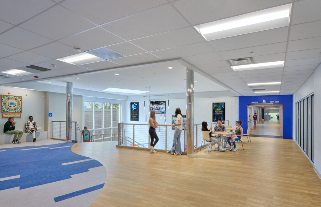 Upper floor landing at the new arts wing in Lewiston High School